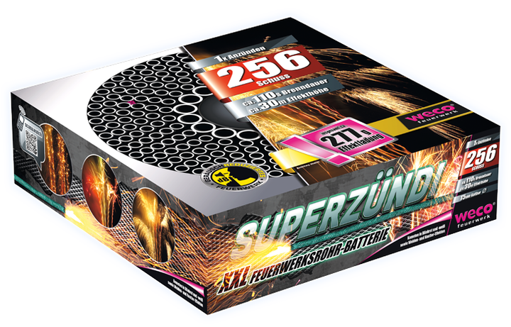 Superzündi, 256-Schuss XXL Feuerwerksrohr Batterie, 115 Sek.